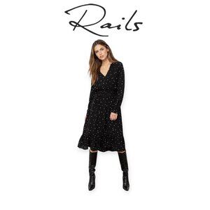 Rails Joy Smocked Waist Star Print Midi Dress Black White Long Sleeve S